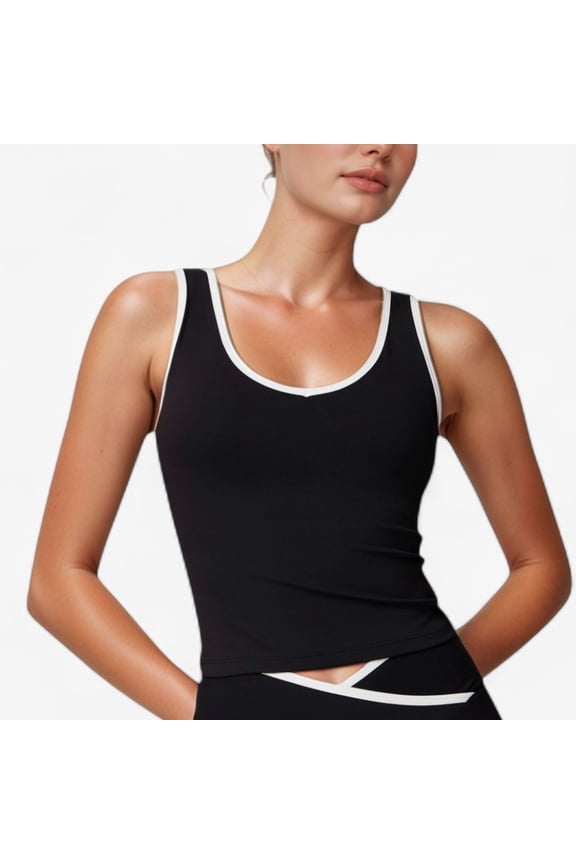 Women's Contrast Trim Cropped Tank Top with Scoop Neck and Stretch Fit for Yoga and Everyday Wear - Small, Black
