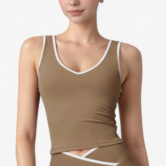 Women's Contrast Trim Cropped Tank Top with Scoop Neck and Stretch Fit for Yoga and Everyday Wear - X Large, Beige