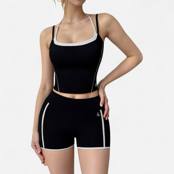 Women's Contrast Trim Cropped Tank Top with Square Neck and Spaghetti Straps - Small, Black