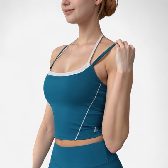 Women's Contrast Trim Cropped Tank Top with Square Neck and Spaghetti Straps - Small, Blue