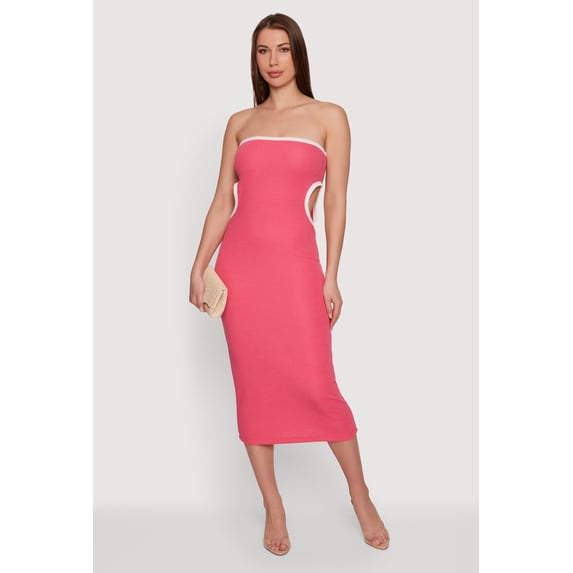 Women's Contrast Trim Cutout Side Tube Midi Dress
