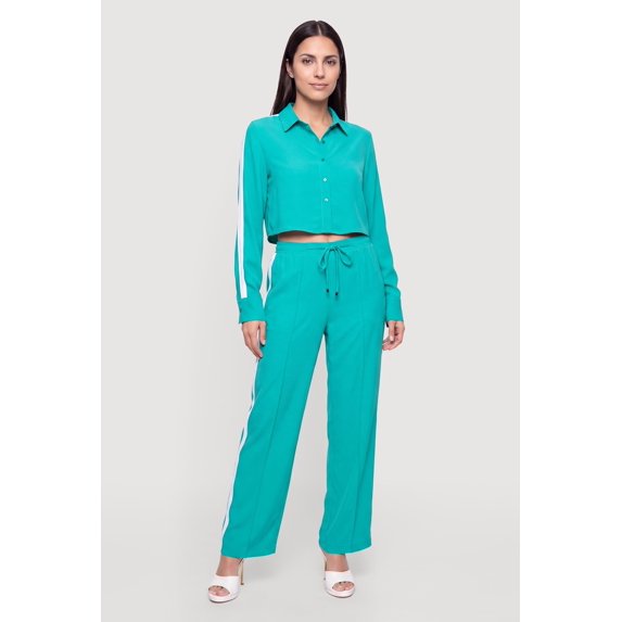 Women's Contrast Trim Drawstring Waist Wide Leg Pants with Pintuck Detail