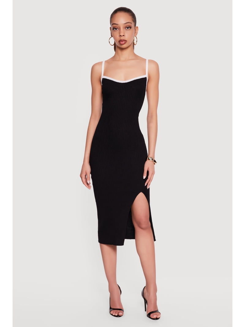 tie back rib knit dress Rainbow Women's Contrast Trim Rib Knit Tie Back Keyhole Cami Midi Dress, Size: XL, Black