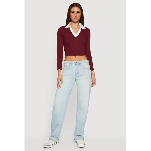 Women's Contrast Trim Ribbed Knit Cropped Polo Shirt