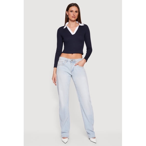 Women's Contrast Trim Ribbed Knit Cropped Polo Shirt
