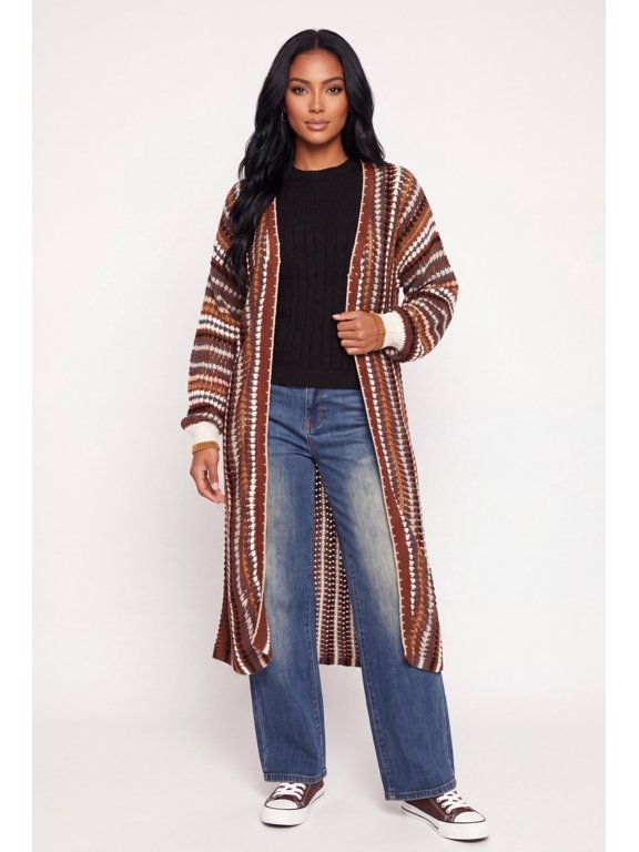 Women's Contrast Trim Striped Crochet Open Front Duster
