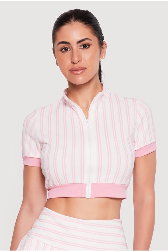 Women's Contrast Trim Striped Zip Front Crop Top