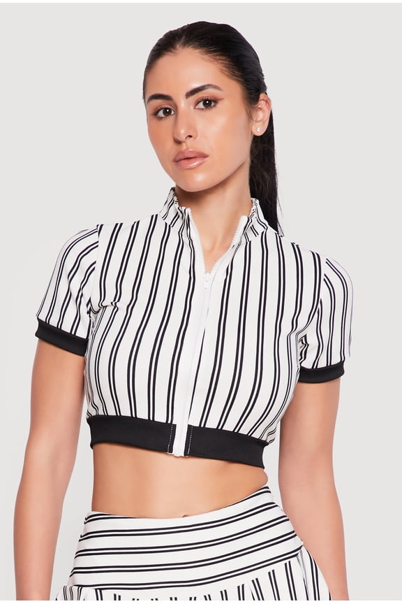 Women's Contrast Trim Striped Zip Front Crop Top