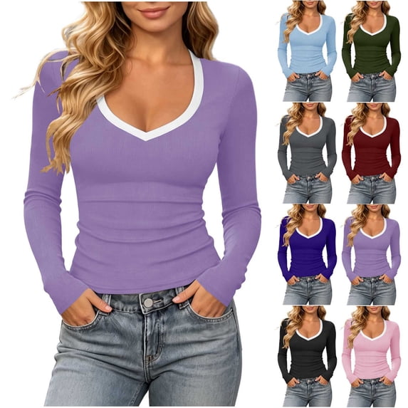Women's Contrast Trim V‑Neck Long Sleeve Tops, Ribbed Knit Fitted Casual Shirts,M,Women's Plus Size