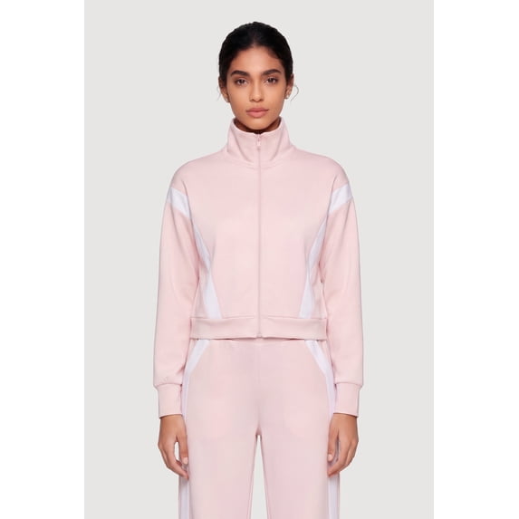 Women's Contrast Trim Zip Front Mock Neck Active Jacket
