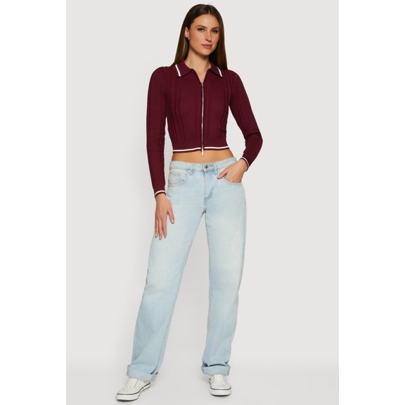 Women's Contrast Trim Zip Front Textured Knit Sweater