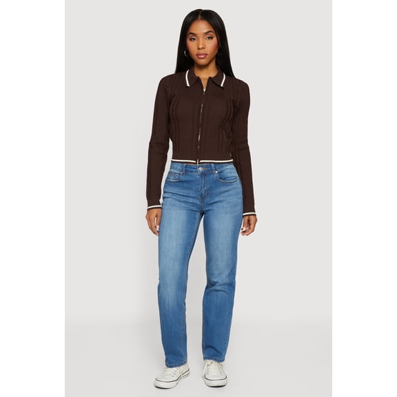 Women's Contrast Trim Zip Front Textured Knit Sweater