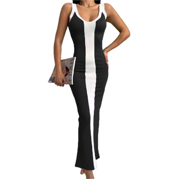 Women's Contrast Wide Strap Slit Midi Dress 100% Polyester Fabric Sheer Panel Opaque Stretch Evening Wear For Party Look