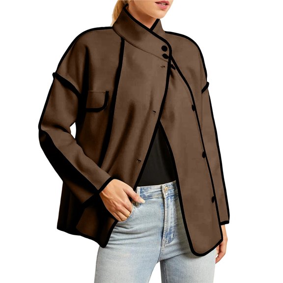 Women's Contrasting Colors Cropped Jacket Casual Fall Fashion Winter Coats Outerwear Trendy Clothes Brown L