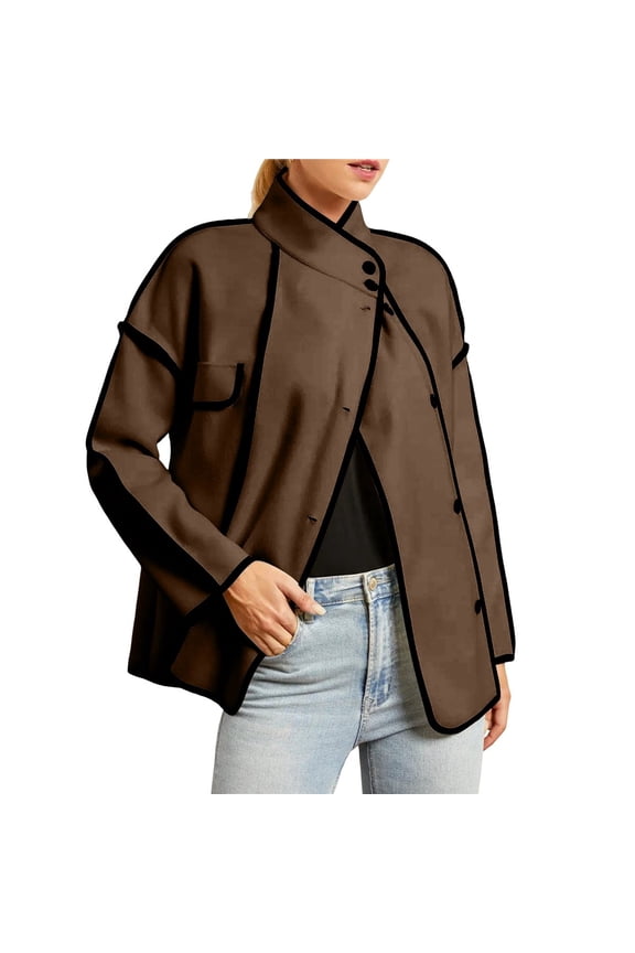 Women's Contrasting Colors Cropped Jacket Casual Fall Fashion Winter Coats Outerwear Trendy Clothes Brown XL