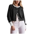 thumbnail image 1 of Women's Contrasting Round Neck Cardigan Knitted Sweater Single Button Up Jacket, 1 of 6