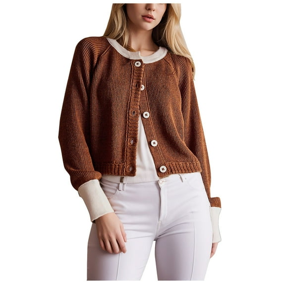 Women's Contrasting Round Neck Cardigan Knitted Sweater Single Button Up Jacket