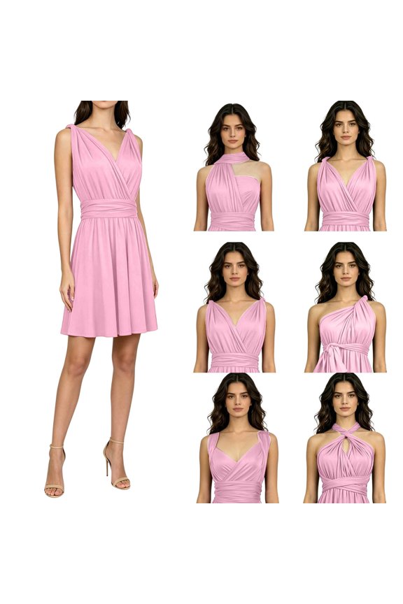 Women's Convertible Tie Strap Dress – Multi Way Short Sleeveless Dress with Pockets – Versatile Day to Night Outfit – Size S-XL