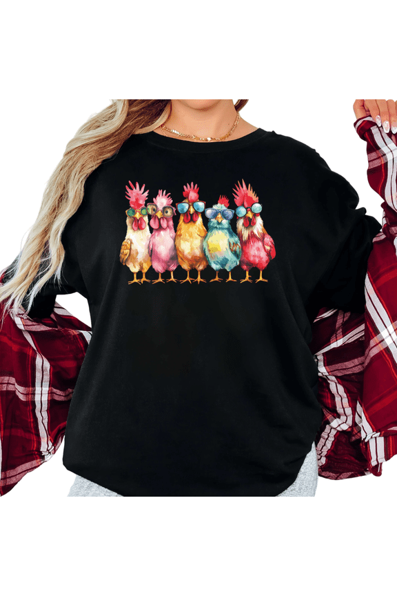 Women's Cool Chickens With Sunglasses Graphic T Shirt Watercolor Rainbow Farm Animal Short Sleeve Round Neck Top Black S-5XL