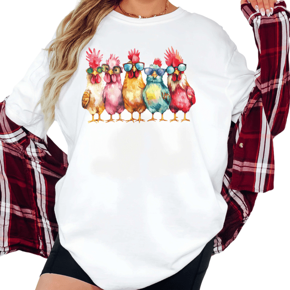 Women's Cool Chickens With Sunglasses Graphic T Shirt Watercolor Rainbow Farm Animal Short Sleeve Round Neck Top White S-5XL