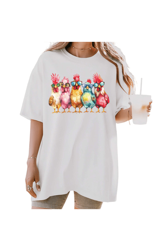 Women's Cool Chickens With Sunglasses Graphic T Shirt Watercolor Rainbow Farm Animal Short Sleeve Round Neck Top White S-5XL