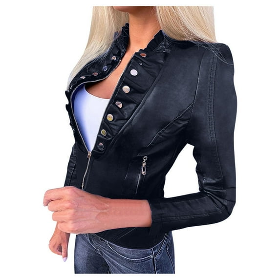 Women's Cool Faux Leather Jacket - Long-Sleeve Zipper Front Fitted Short Fall Coat, Dark Blue, M