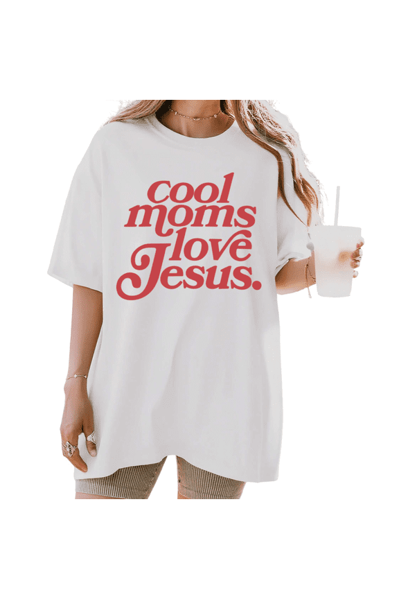 Women's "Cool Moms Love Jesus" Retro Red Christian Mom Graphic Tee Short Sleeve Round Neck Top White S-5XL