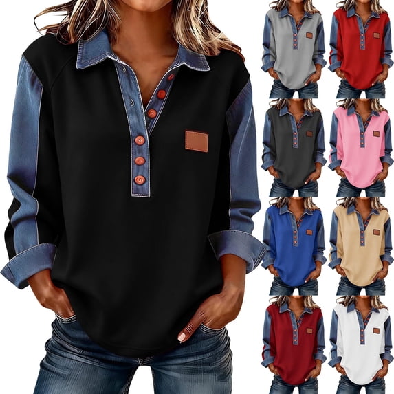 Women's Cool Patchwork Shirt Sweatshirts Collar Buttons Front Top Denim Shirt Women Bussiness Denim Shirts Denim Tops