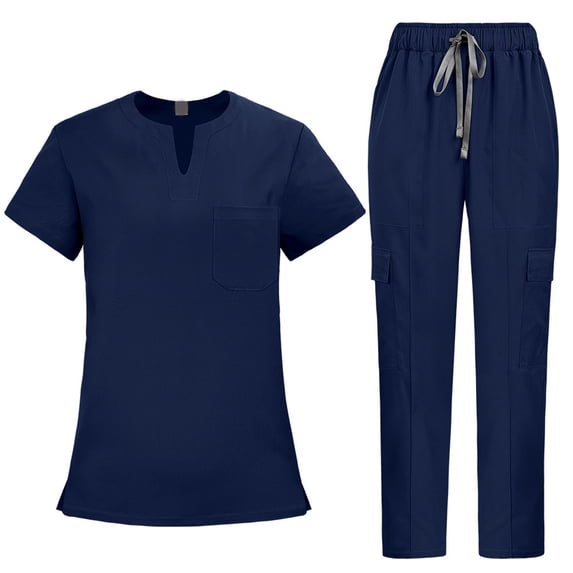 Women's Cool Stretch V-Neck Top and Cargo Pant Scrub Set with Regular and Petite Sizes 2025 Dark Blue M