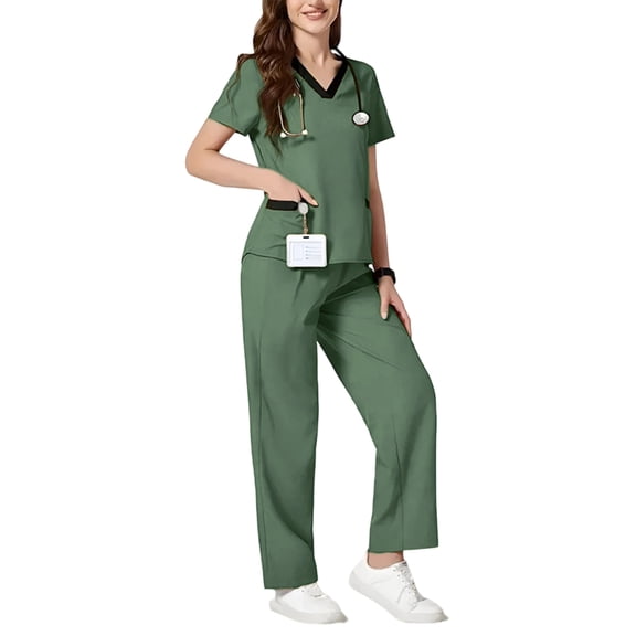Women's Cool Stretch V-Neck Top and Cargo Pant Scrub Set with Regular and Petite Sizes Green M