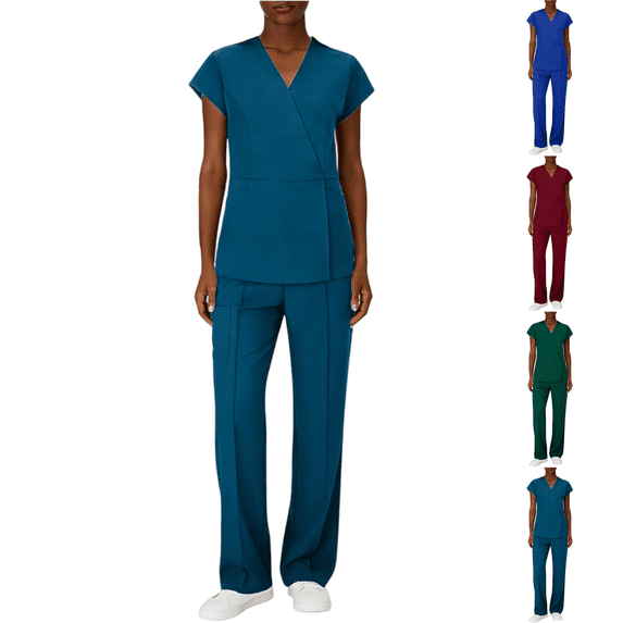 Women's Cool Stretch Wrap V-Neck Top and Wide Leg Pant Scrub Set Blue 2XL
