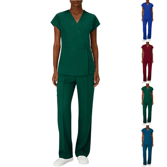 Women's Cool Stretch Wrap V-Neck Top and Wide Leg Pant Scrub Set Dark Green M
