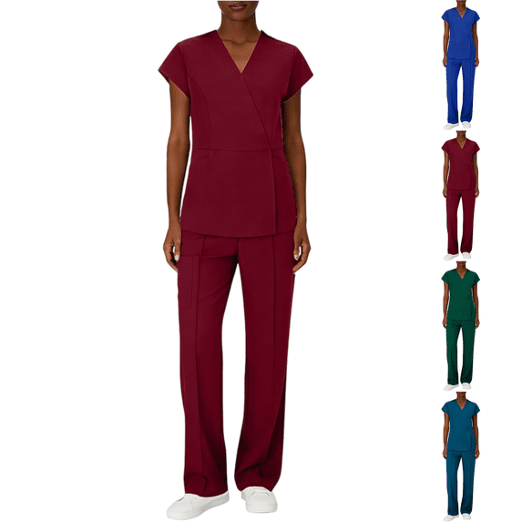 Women's Cool Stretch Wrap V-Neck Top and Wide Leg Pant Scrub Set Wine S