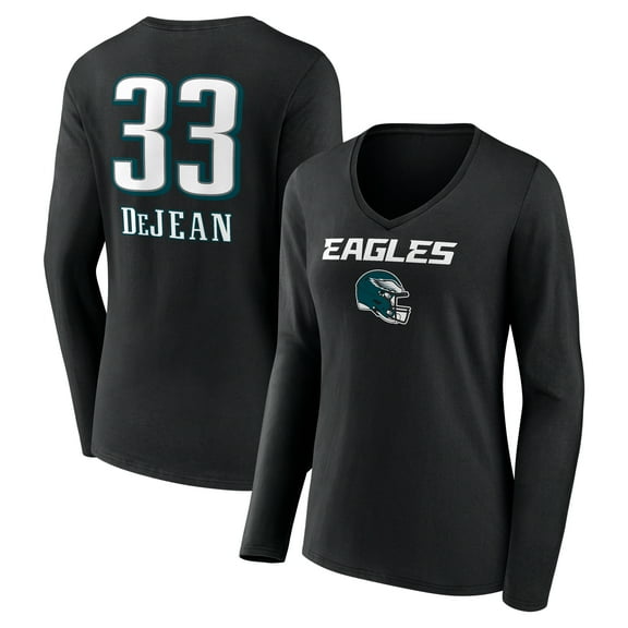 Women's Cooper DeJean Black Philadelphia Eagles Team Wordmark Name & Number Long Sleeve V-Neck T-Shirt