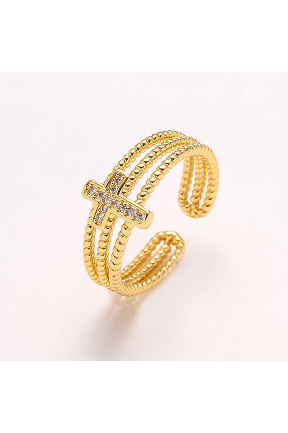 Womens Ring 18K Gold Plated Copper Adjustable Open Ring Three-Layer Hollow Zircon Cross Geometric Fashion Jewelry for Her Elegant Ring Gift