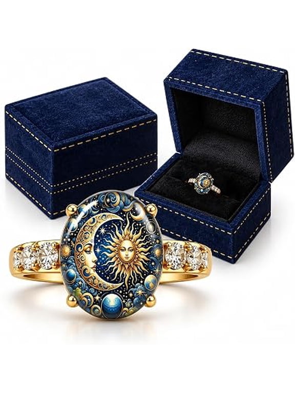 Women's Copper Sun Moon Celestial Enamel Gold-Tone Ring Vintage Carved