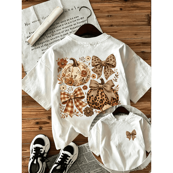 Women's Coquette Bow Floral Pumpkin Double‑Sided Graphic T‑Shirt Vintage Fall Casual Tee