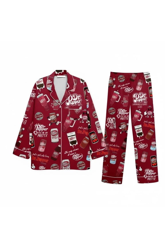 Women’s Coquette Dr Pepper Long Sleeve Silky Satin Pajama Set