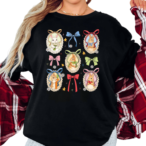 Women's Coquette Easter Bunnies with Colorful Bows Framed Portraits Daisies Hearts Graphic T Shirt Short Sleeve Round Neck Top Black S-5XL