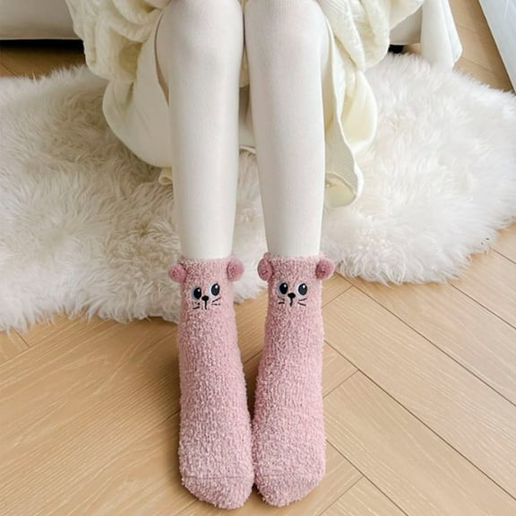 Women's Coral Fleece Non-Shedding Floor Socks, 3D Kitten Pattern Mid-Calf Socks for Autumn and Winter, Thickened Plush Sleeping Socks, Cartoon Design Cozy House Socks - Pink