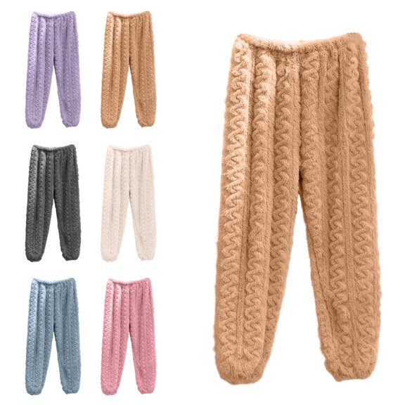 Women's Coral Fleece Pajama Pants, Ultra Soft Plush Fuzzy Sleepwear Elastic Waist Lounge Pants Cozy Winter Pjs Khaki Free