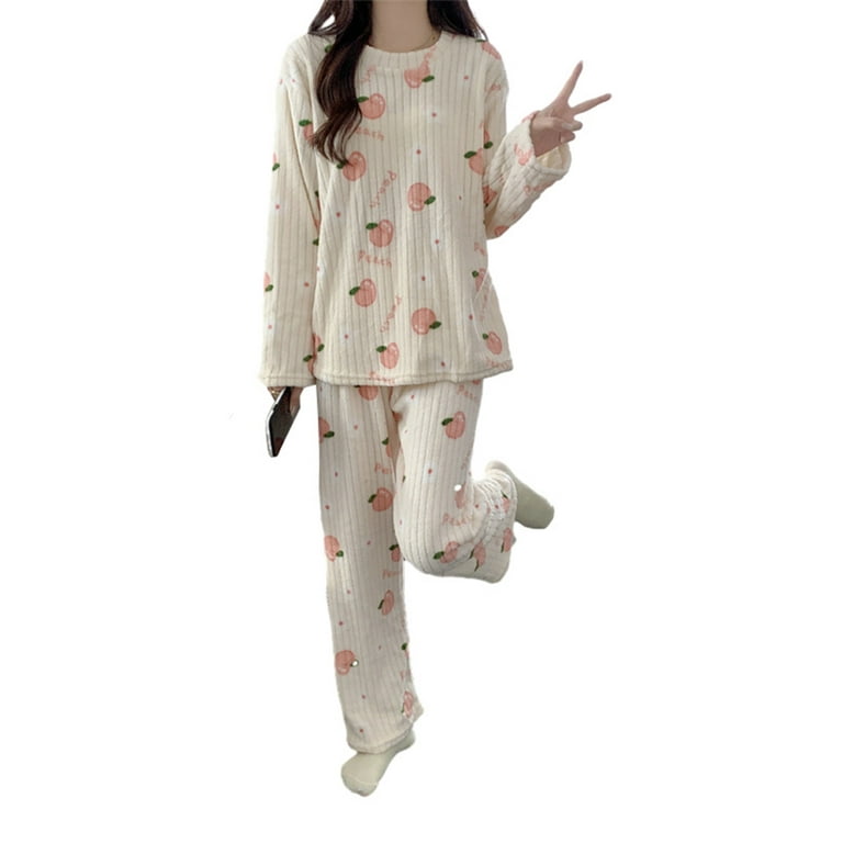Women's Coral Fleece Pajamas Flannel Sleepwear Soft Pajamas Set