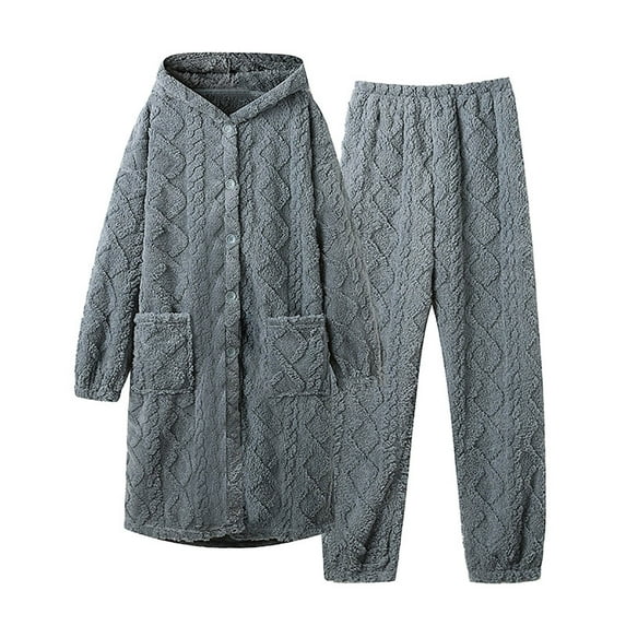 Women's Coral Fleece Pajamas Sets Long Button Down Hooded Cardigan with Pants Fluffy Cozy 2 Piece Pjs Set Homewear Womens Clothes