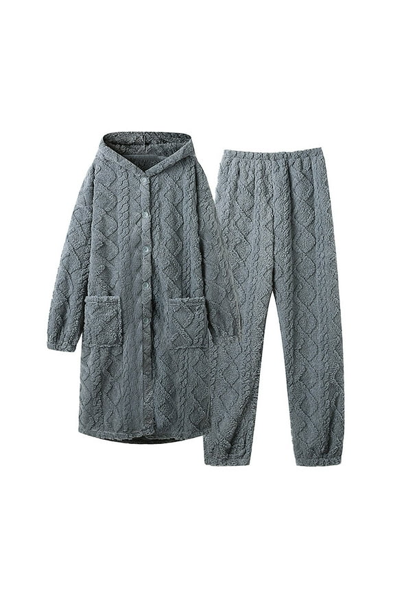 Women's Coral Fleece Pajamas Sets Long Button Down Hooded Cardigan with Pants Fluffy Cozy 2 Piece Pjs Set Homewear Womens Clothes