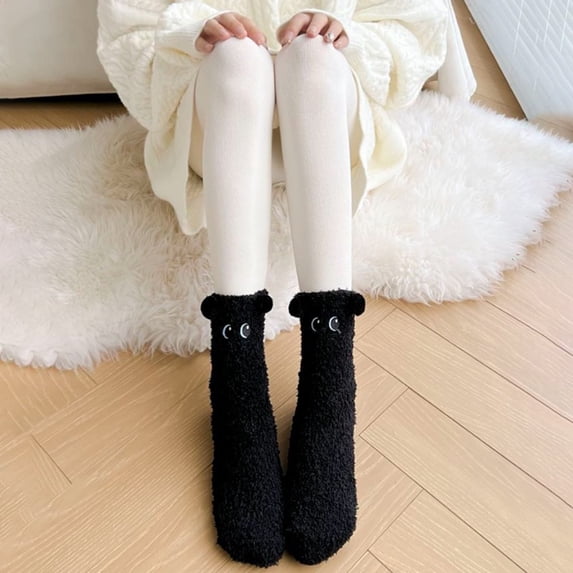 Women's Coral Fleece Socks, 3D Cartoon Cat Floor Socks, Thick Mid Calf Slipper Socks for Sleeping, Non-Shedding Winter Home Socks for Indoor Lounging, Non-Slip Grip Fuzzy Socks