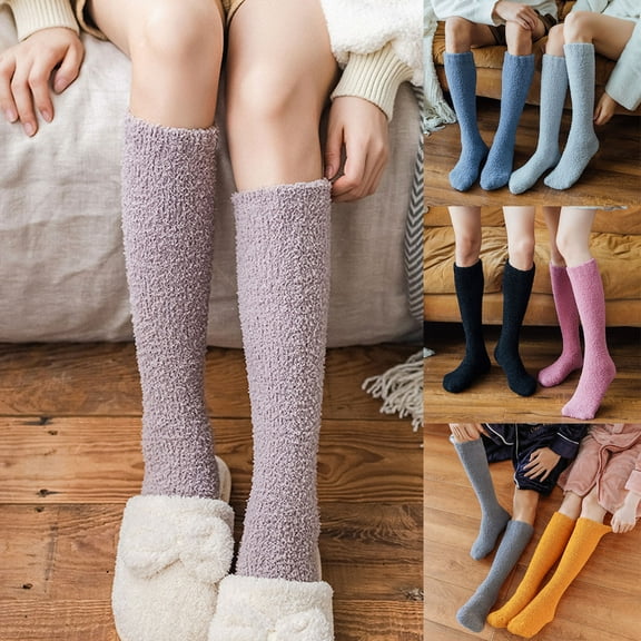 Women's Coral Fleece Socks Mid Calf Home Sleeping Solid Warm Winter Socks