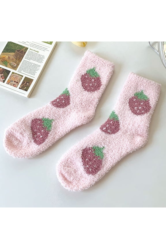 Women's Coral Fleece Socks, Mid Calf Print Sleep Socks, Cute Fruit Floral Pattern Crew Socks for Women, Cozy Warm Bed Socks for Winter, Indoor Lounge and Gift-Pink