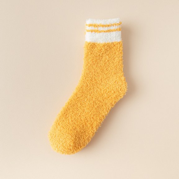 Women's Coral Fleece Socks, Striped Mid-Calf Plush Socks for Sleeping, Warm Non-Slip Slipper Socks for Home, Cozy Winter Bed Socks with Elastic Cuff for Relaxation