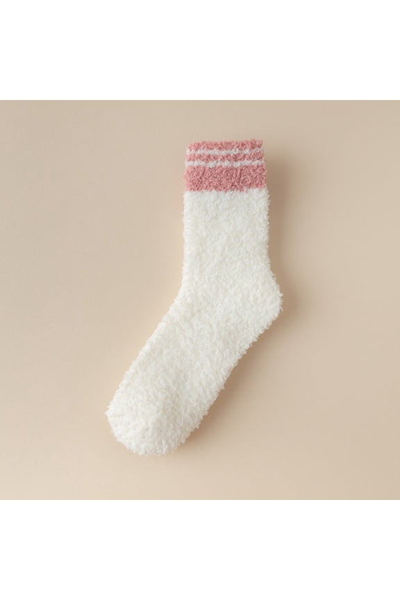 Women's Coral Fleece Socks, Striped Mid-Calf Plush Socks for Sleeping, Warm Non-Slip Slipper Socks for Home, Cozy Winter Bed Socks with Elastic Cuff for Relaxation