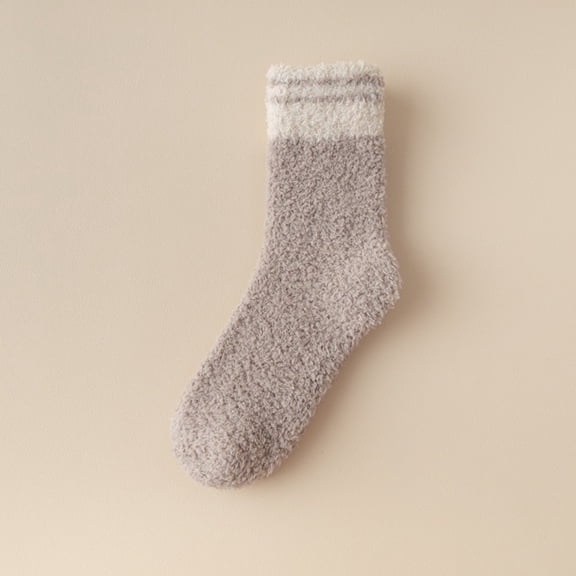 Women's Coral Fleece Socks, Striped Mid-Calf Plush Socks for Sleeping, Warm Non-Slip Slipper Socks for Home, Cozy Winter Bed Socks with Elastic Cuff for Relaxation